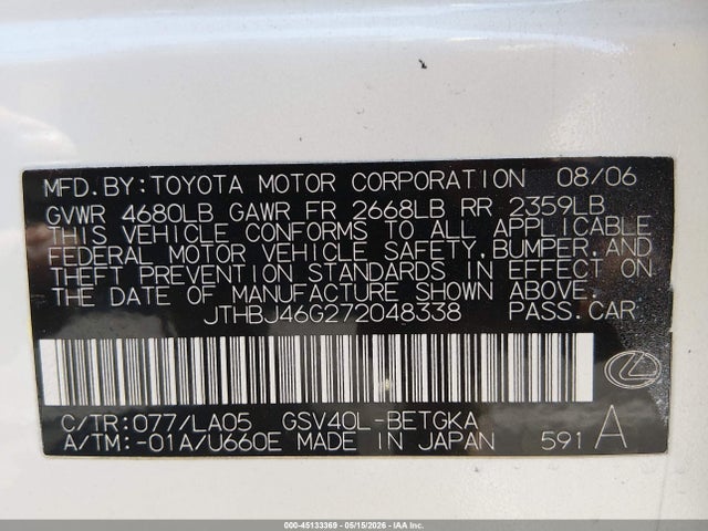 Aukcja sprzedaży 2007 Lexus Es 350, vin: JTHBJ46G272048338, numer aukcji: 45133369