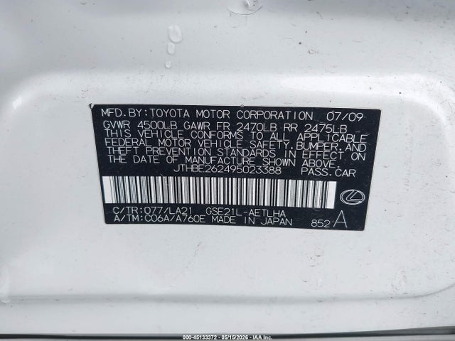 Продаж на аукціоні авто 2009 Lexus Is 350, vin: JTHBE262495023388, номер лоту: 45133372