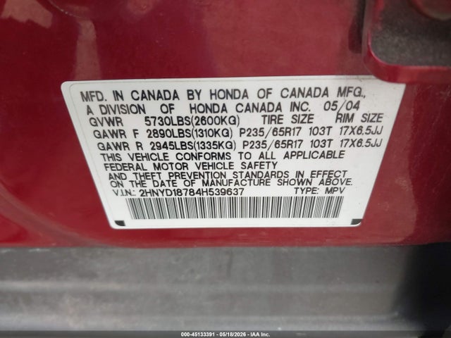 Auction sale of the 2004 Acura Mdx, vin: 2HNYD18784H539637, lot number: 45133391