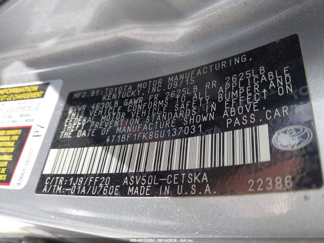 Aukcja sprzedaży 2016 Toyota Camry Se, vin: 4T1BF1FK8GU137031, numer aukcji: 45133394