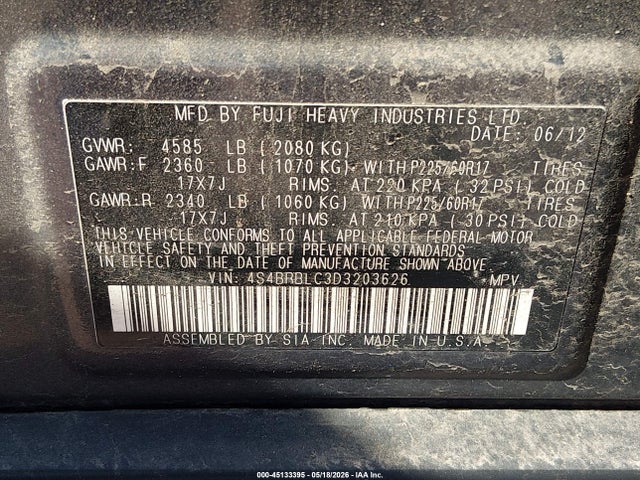 Продаж на аукціоні авто 2013 Subaru Outback 2.5i Limited, vin: 4S4BRBLC3D3203626, номер лоту: 45133395