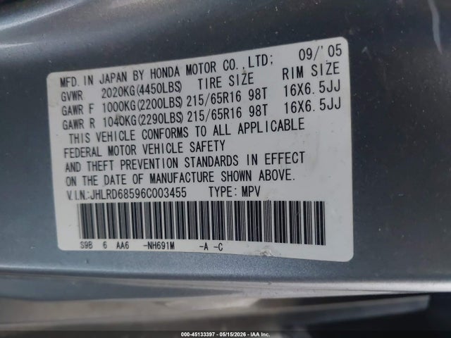 45133397 :رقم المزاد ، JHLRD68596C003455 vin ، 2006 Honda Cr-v Lx مزاد بيع