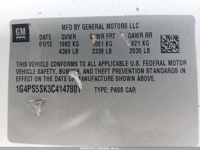 45133412 :رقم المزاد ، 1G4PS5SK3C4147801 vin ، 2012 Buick Verano Leather Group مزاد بيع