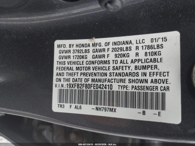 2015 Honda Civic Ex მანქანა იყიდება აუქციონზე, vin: 19XFB2F80FE042410, აუქციონის ნომერი: 45133415