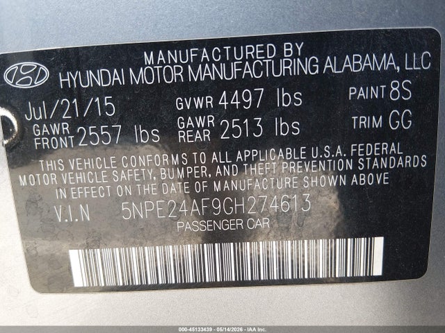 Aukcja sprzedaży 2016 Hyundai Sonata Se, vin: 5NPE24AF9GH274613, numer aukcji: 45133439