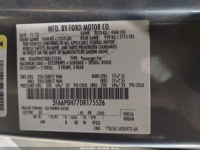 Aukcja sprzedaży 2013 Ford Fusion Se, vin: 3FA6P0H77DR175526, numer aukcji: 45133458