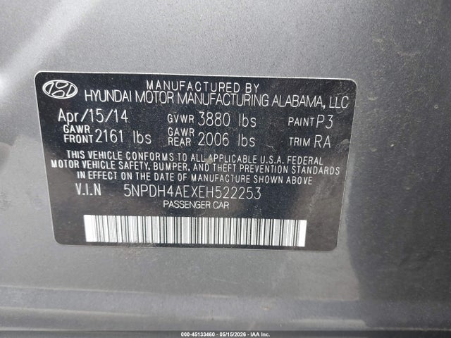 2014 Hyundai Elantra Se მანქანა იყიდება აუქციონზე, vin: 5NPDH4AEXEH522253, აუქციონის ნომერი: 45133460