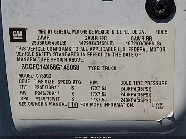 45133461 :رقم المزاد ، 3GCEC14X66G148068 vin ، 2006 Chevrolet Silverado 1500 Work Truck مزاد بيع