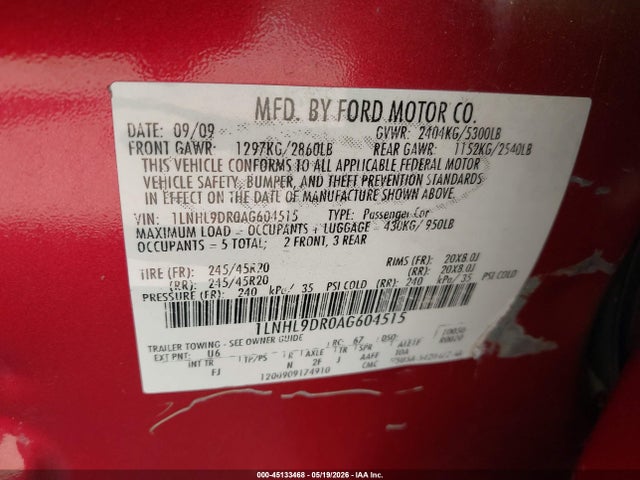 Продаж на аукціоні авто 2010 Lincoln Mks, vin: 1LNHL9DR0AG604515, номер лоту: 45133468