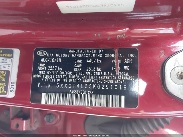 Aukcja sprzedaży 2019 Kia Optima S, vin: 5XXGT4L33KG291016, numer aukcji: 45133474