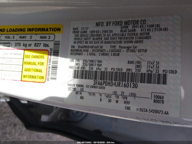 Aukcja sprzedaży 2018 Ford Fusion Se, vin: 3FA6P0HD4JR160130, numer aukcji: 45133482