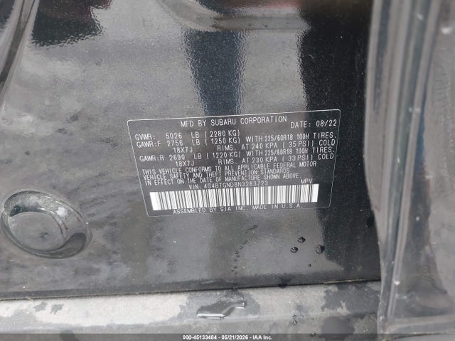 45133484 :رقم المزاد ، 4S4BTGND8N3283723 vin ، 2022 Subaru Outback Limited Xt مزاد بيع
