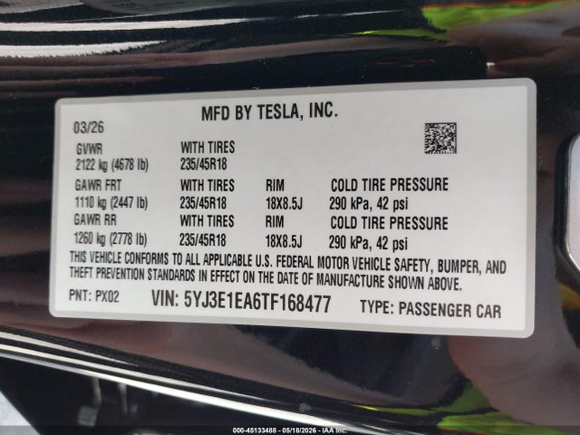 Продажа на аукционе авто 2026 Tesla Model 3 Premium Rear-wheel Drive/rear-wheel Drive, vin: 5YJ3E1EA6TF168477, номер лота: 45133488