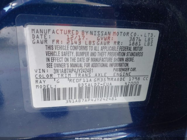 2018 Nissan Sentra Sv მანქანა იყიდება აუქციონზე, vin: 3N1AB7AP4JY242481, აუქციონის ნომერი: 45133490