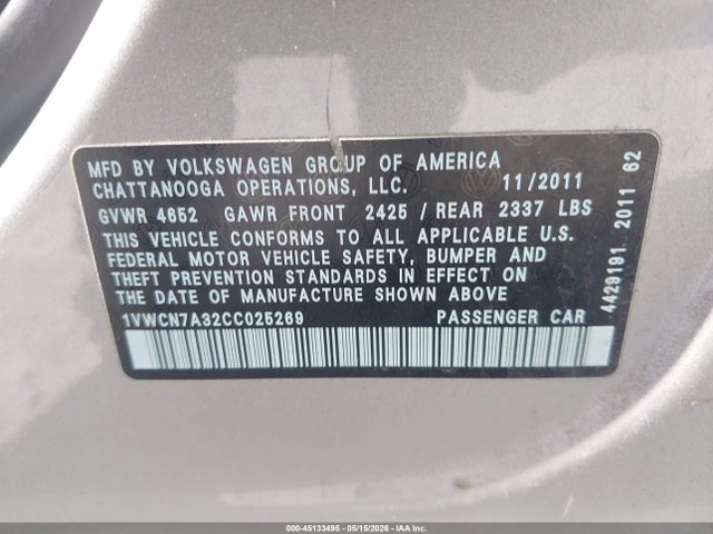 Aukcja sprzedaży 2012 Volkswagen Passat 2.0l Tdi Sel Premium, vin: 1VWCN7A32CC025269, numer aukcji: 45133495