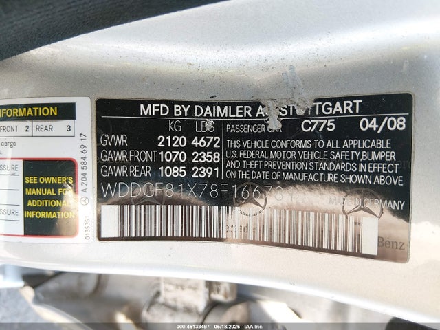 45133497 :رقم المزاد ، WDDGF81X78F166781 vin ، 2008 Mercedes-benz C 300 Luxury 4matic/sport 4matic مزاد بيع