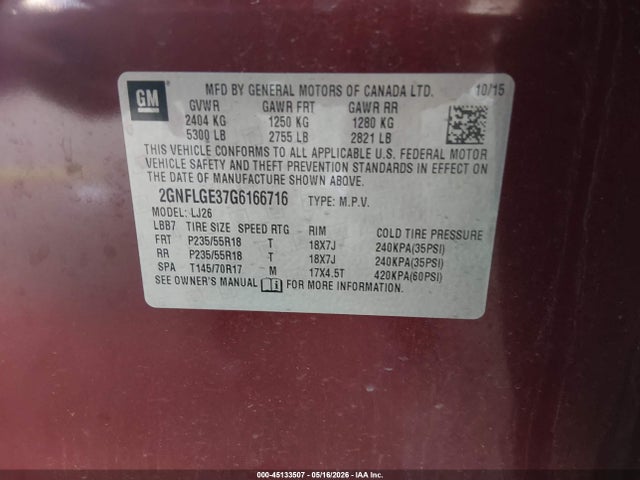 Auction sale of the 2016 Chevrolet Equinox Ltz, vin: 2GNFLGE37G6166716, lot number: 45133507