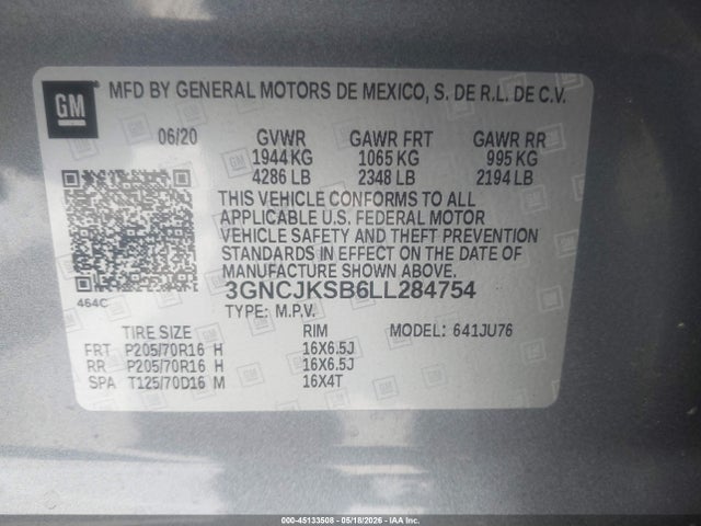 3GNCJKSB6LL284754 Chevrolet Trax Fwd Ls