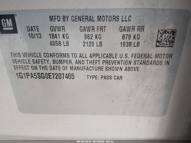 Продаж на аукціоні авто 2014 Chevrolet Cruze Ls Auto, vin: 1G1PA5SG0E7207465, номер лоту: 45133510