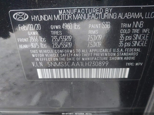 45133511 :رقم المزاد ، 5NMS3CAA1LH230899 vin ، 2020 Hyundai Santa Fe Sel 2.0t مزاد بيع