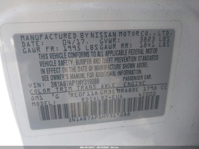 Продажа на аукционе авто 2017 Nissan Sentra Sv, vin: 3N1AB7AP1HY319088, номер лота: 45133517