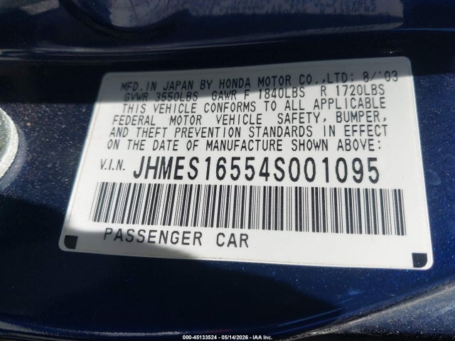 Aukcja sprzedaży 2004 Honda Civic Lx, vin: JHMES16554S001095, numer aukcji: 45133524