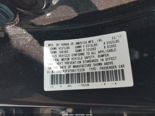 2017 Honda Accord Ex-l მანქანა იყიდება აუქციონზე, vin: 1HGCR2F87HA172528, აუქციონის ნომერი: 45133531