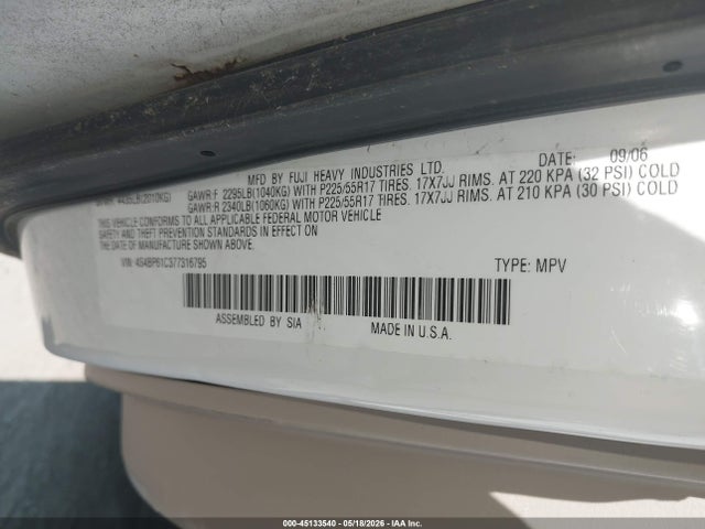 45133540 :رقم المزاد ، 4S4BP61C377316795 vin ، 2007 Subaru Outback 2.5i مزاد بيع