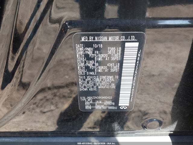 Aukcja sprzedaży 2019 Infiniti Qx80 Luxe, vin: JN8AZ2NC6K9460422, numer aukcji: 45133542