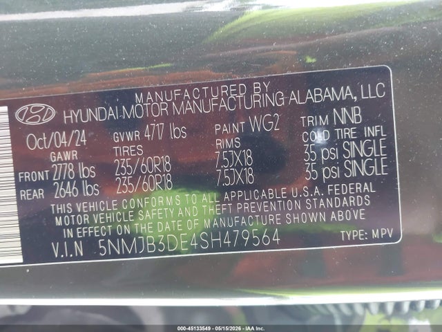 Aukcja sprzedaży 2025 Hyundai Tucson Sel, vin: 5NMJB3DE4SH479564, numer aukcji: 45133549