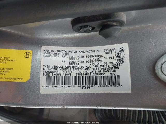 Auction sale of the 2001 Toyota Sequoia Limited V8, vin: 5TDBT48A91S009122, lot number: 45133550
