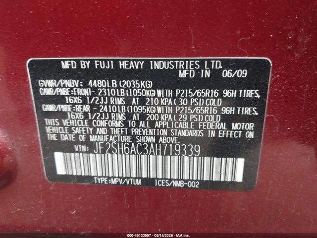 45133557 :رقم المزاد ، JF2SH6AC3AH719339 vin ، 2010 Subaru Forester 2.5x مزاد بيع