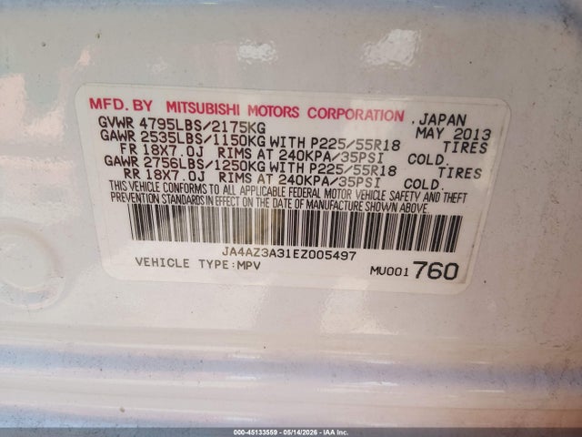 2014 Mitsubishi Outlander Se მანქანა იყიდება აუქციონზე, vin: JA4AZ3A31EZ005497, აუქციონის ნომერი: 45133559