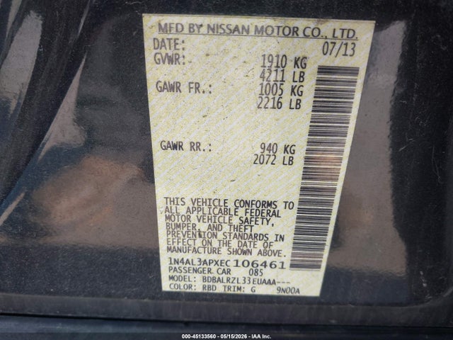 Aukcja sprzedaży 2014 Nissan Altima 2.5 S, vin: 1N4AL3APXEC106461, numer aukcji: 45133560