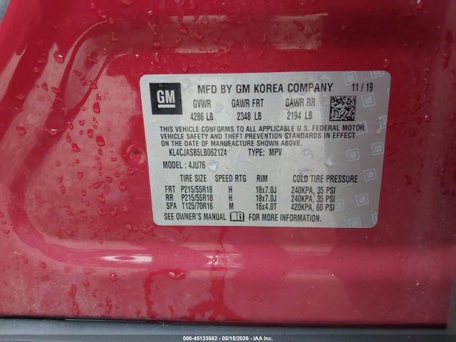 2020 Buick Encore Fwd Preferred მანქანა იყიდება აუქციონზე, vin: KL4CJASB5LB062124, აუქციონის ნომერი: 45133562