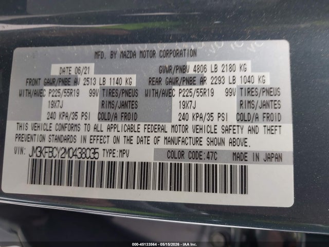 45133564 :رقم المزاد ، JM3KFBCY2M0438035 vin ، 2021 Mazda Cx-5 Carbon Edition Turbo مزاد بيع