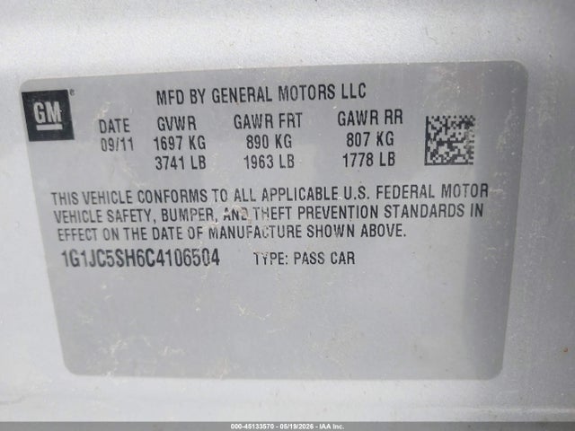 Продаж на аукціоні авто 2012 Chevrolet Sonic 2lt, vin: 1G1JC5SH6C4106504, номер лоту: 45133570