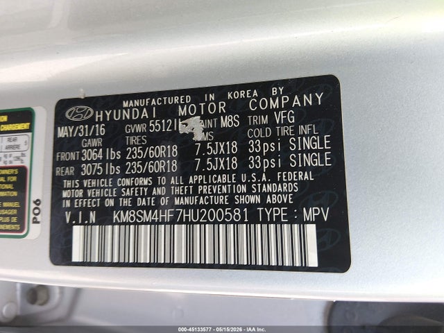 Продажа на аукционе авто 2017 Hyundai Santa Fe Se, vin: KM8SM4HF7HU200581, номер лота: 45133577