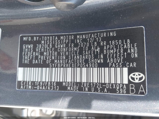 Продажа на аукционе авто 2014 Toyota Corolla Le Eco, vin: 5YFBPRHEXEP054900, номер лота: 45133583