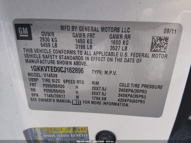 2012 Gmc Acadia Denali მანქანა იყიდება აუქციონზე, vin: 1GKKVTED9CJ162896, აუქციონის ნომერი: 45133597