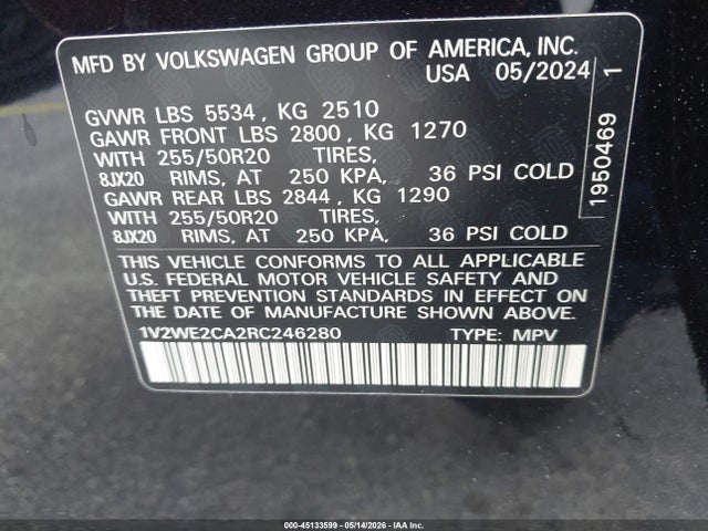 Продажа на аукционе авто 2024 Volkswagen Atlas Cross Sport 2.0t Se W/technology, vin: 1V2WE2CA2RC246280, номер лота: 45133599