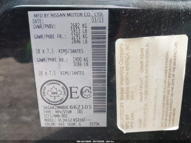 Продажа на аукционе авто 2013 Nissan Pathfinder Platinum/s/sl/sv, vin: 5N1AR2MM8DC662105, номер лота: 45133609