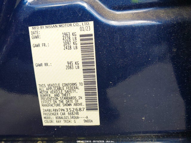 Продаж на аукціоні авто 2023 Nissan Altima S Fwd, vin: 1N4BL4BV7PN352687, номер лоту: 45133610
