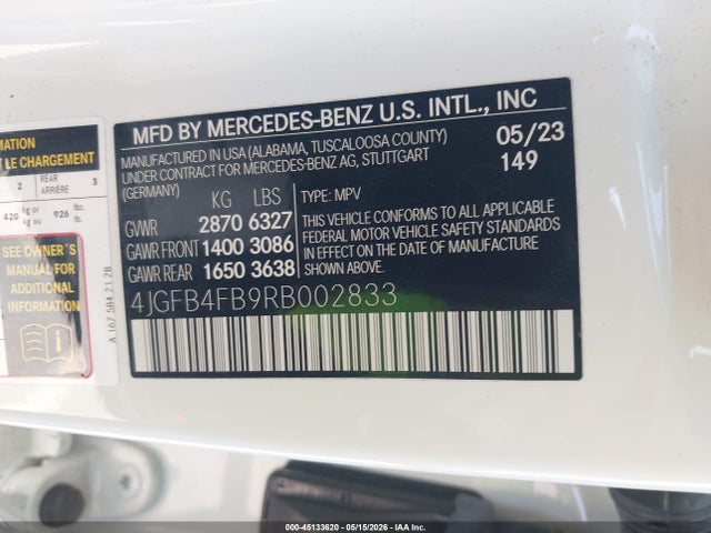 Aukcja sprzedaży 2024 Mercedes-benz Gle 350 4matic, vin: 4JGFB4FB9RB002833, numer aukcji: 45133620
