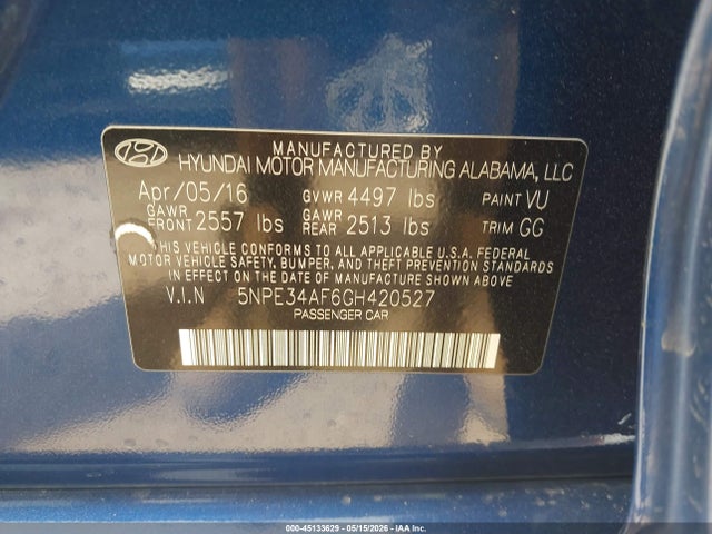 2016 Hyundai Sonata Sport მანქანა იყიდება აუქციონზე, vin: 5NPE34AF6GH420527, აუქციონის ნომერი: 45133629