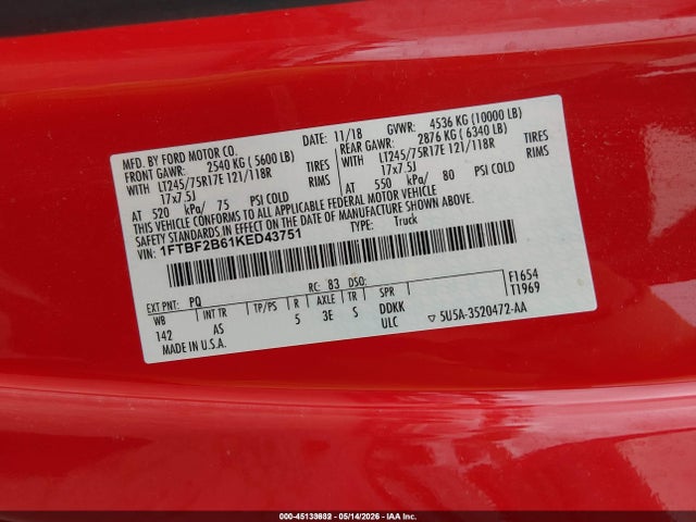 Aukcja sprzedaży 2019 Ford F-250 Xl, vin: 1FTBF2B61KED43751, numer aukcji: 45133632