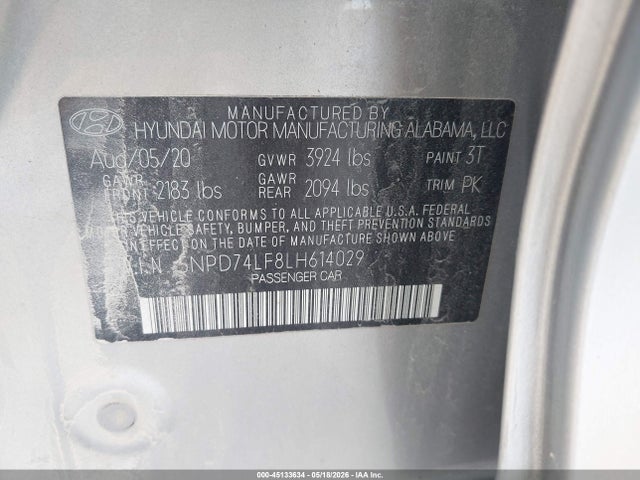 5NPD74LF8LH614029 Hyundai ELANTRA SE
