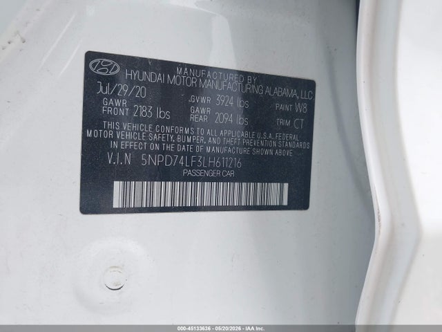 Продажа на аукционе авто 2020 Hyundai Elantra Se, vin: 5NPD74LF3LH611216, номер лота: 45133636