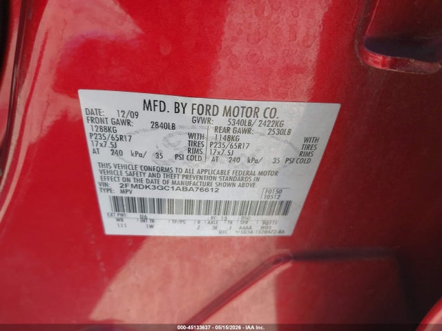 Aukcja sprzedaży 2010 Ford Edge Se, vin: 2FMDK3GC1ABA76612, numer aukcji: 45133637