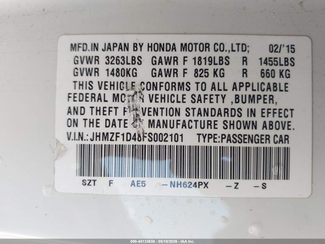 Aukcja sprzedaży 2015 Honda Cr-z, vin: JHMZF1D48FS002101, numer aukcji: 45133638